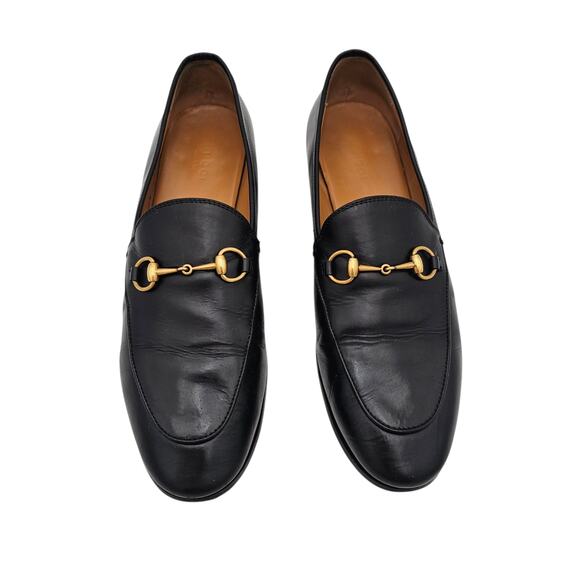 Gucci Jordaan Horsebit Slip On Flat Loafer Black Leather Gold Size 40 US 10 - Picture 2 of 12